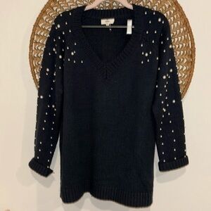 Entro navy blue embellished pullover vneck sweater size medium